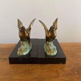 Bronze and marble bookends representing 2 roosters