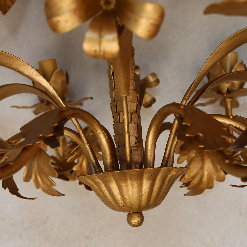 Palm and flower chandelier, matte gold metal