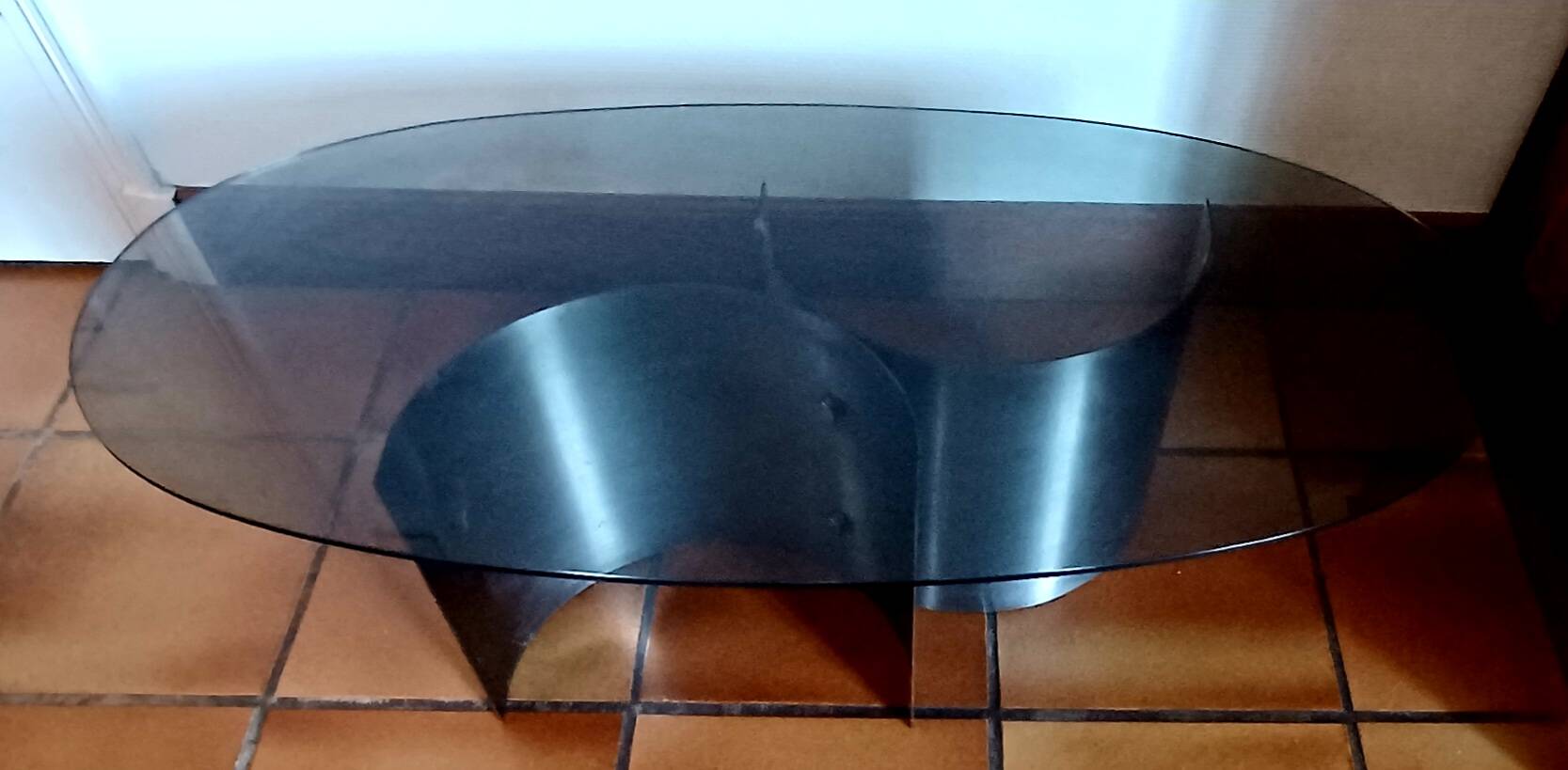 Table basse, acier brossé & verre circa 1970
