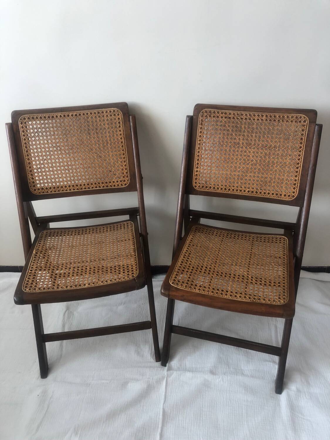 Pair of folding chairs in cane and dark wood