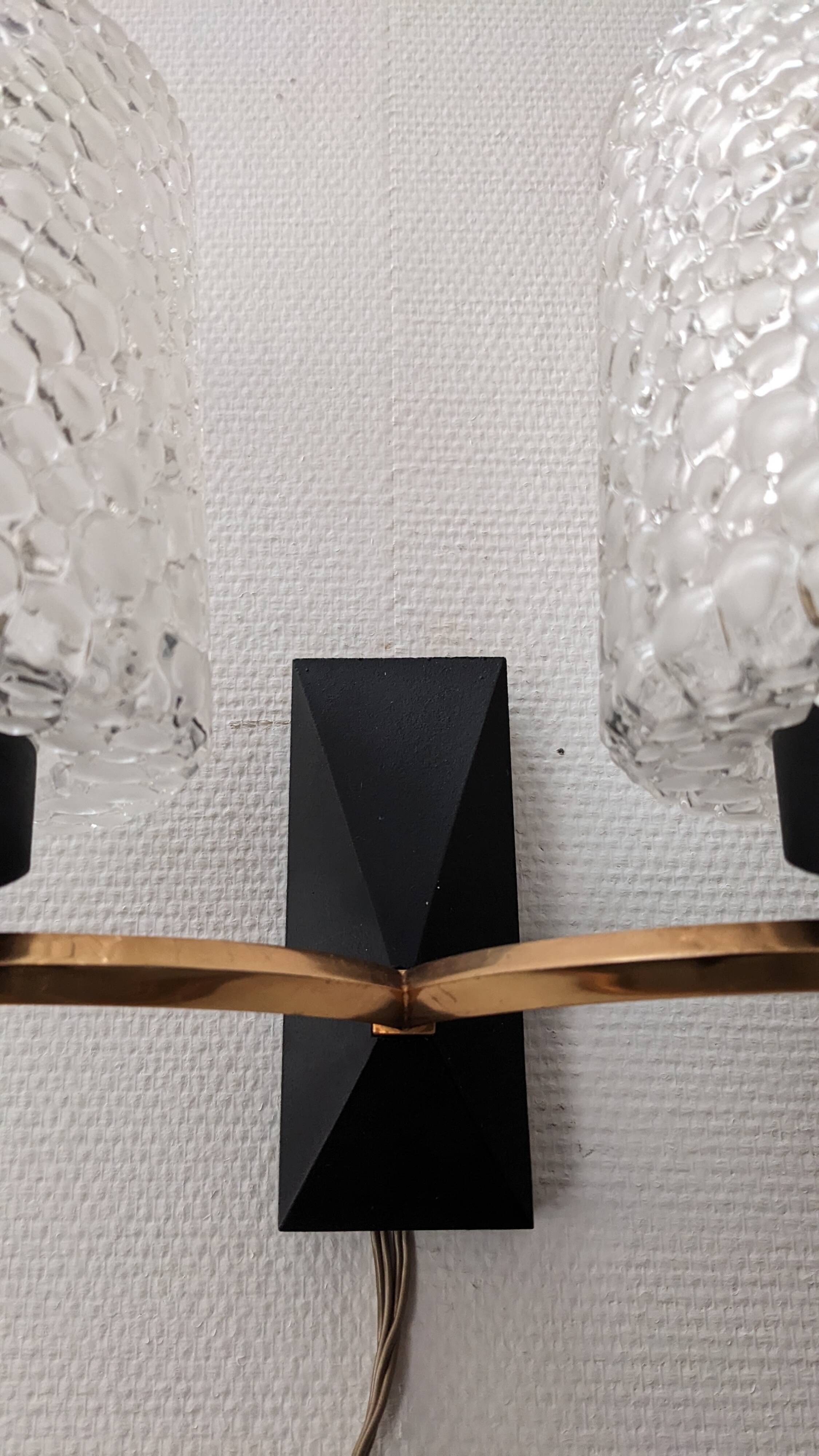 Pair of double wall lights in bubbled glass by Maison Arlus, France circa 1960.