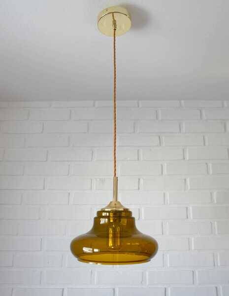 Hand-blown amber glass pendant light: MCM retro bar golden hanging lamp