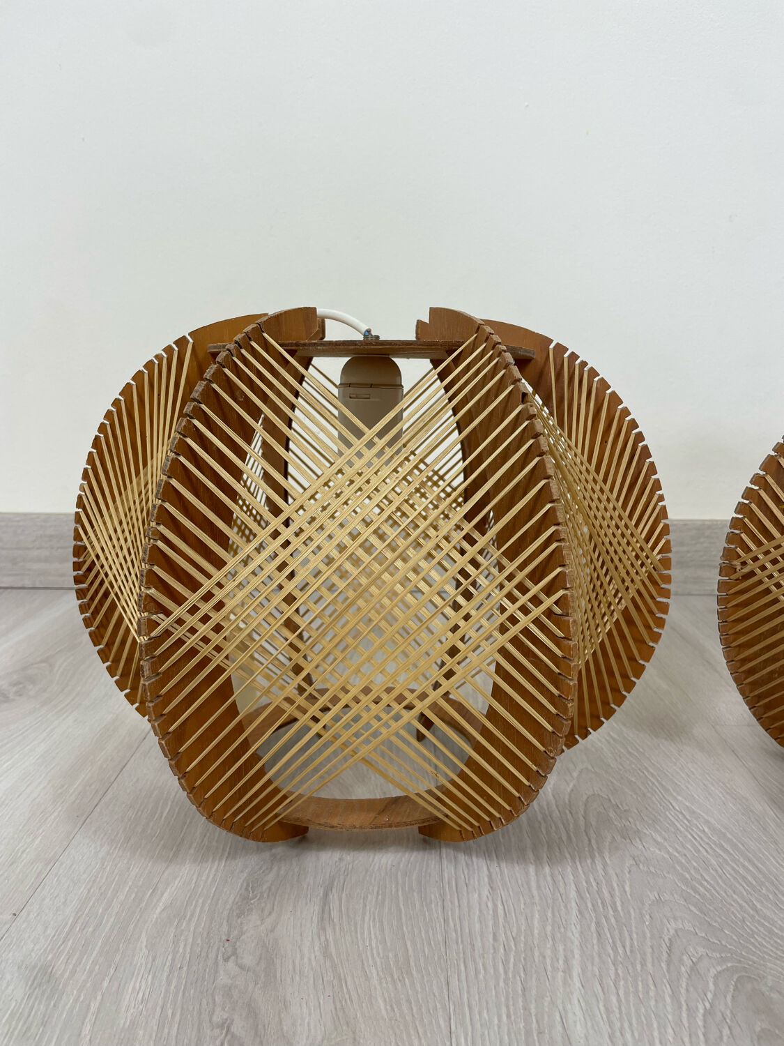 Pair of Scandinavian pendant lamps in wood and wires