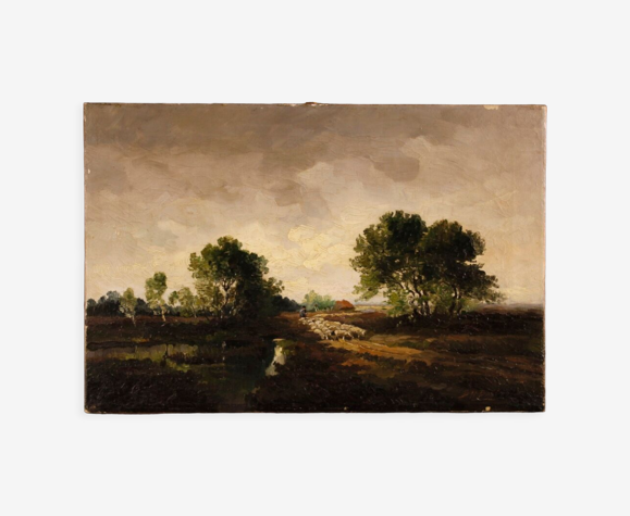 Paysage peint avec berger et mouton