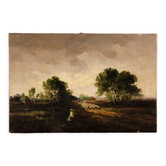 Signed painting landscape with shepherd and sheep