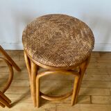 Pair of wicker bar stools and bamboo cane