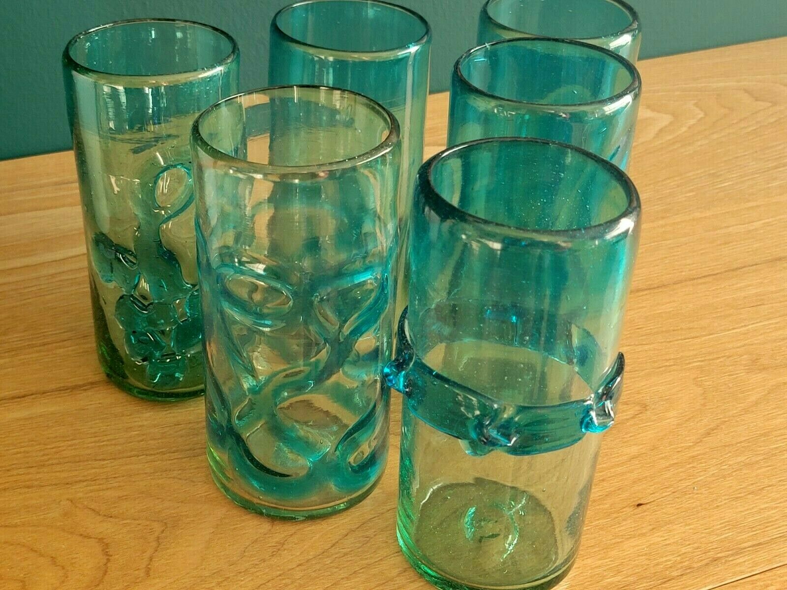 6 orangeade glasses in bubbled blown glass color duck blue