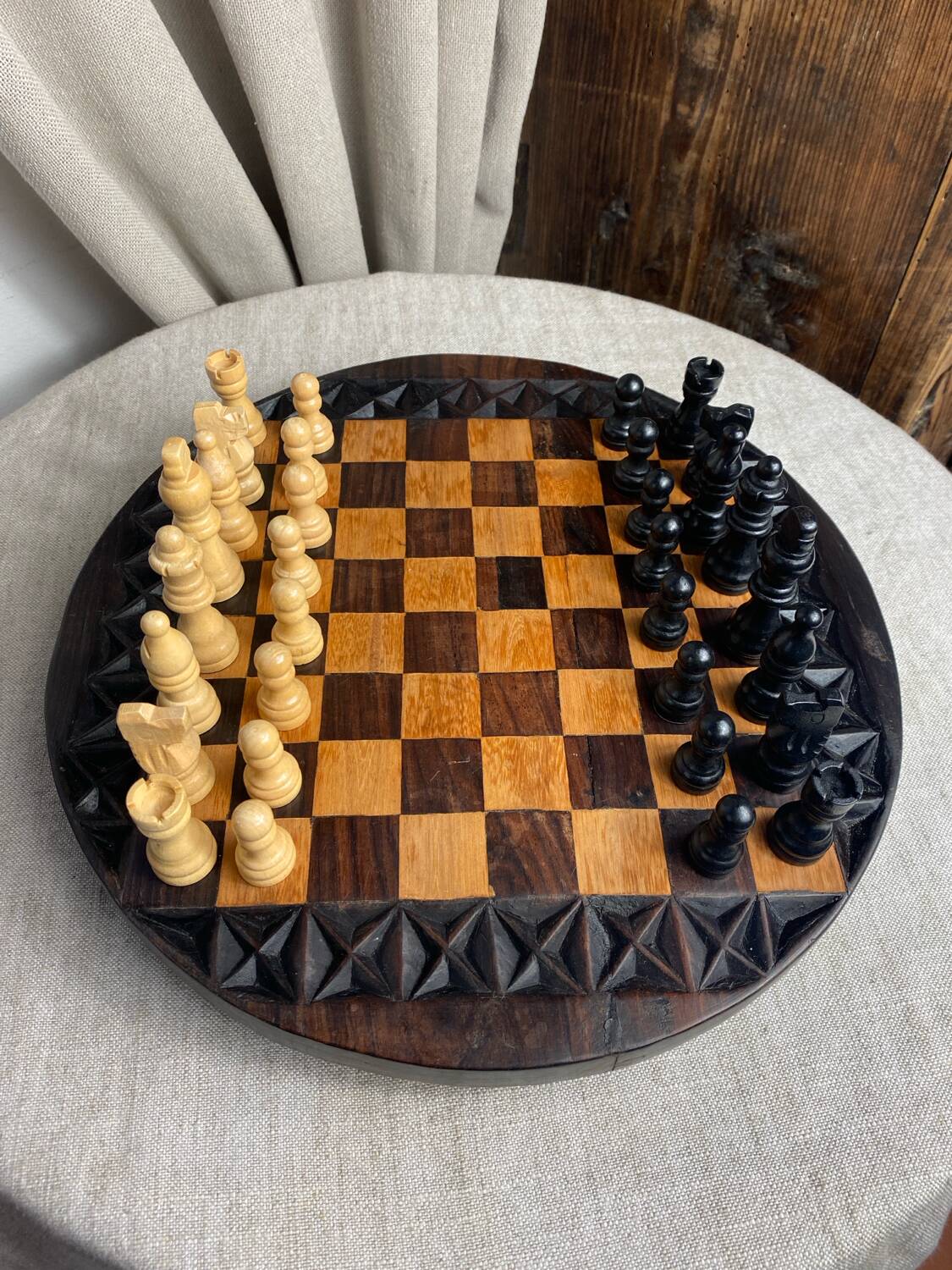 Carved wooden chess set