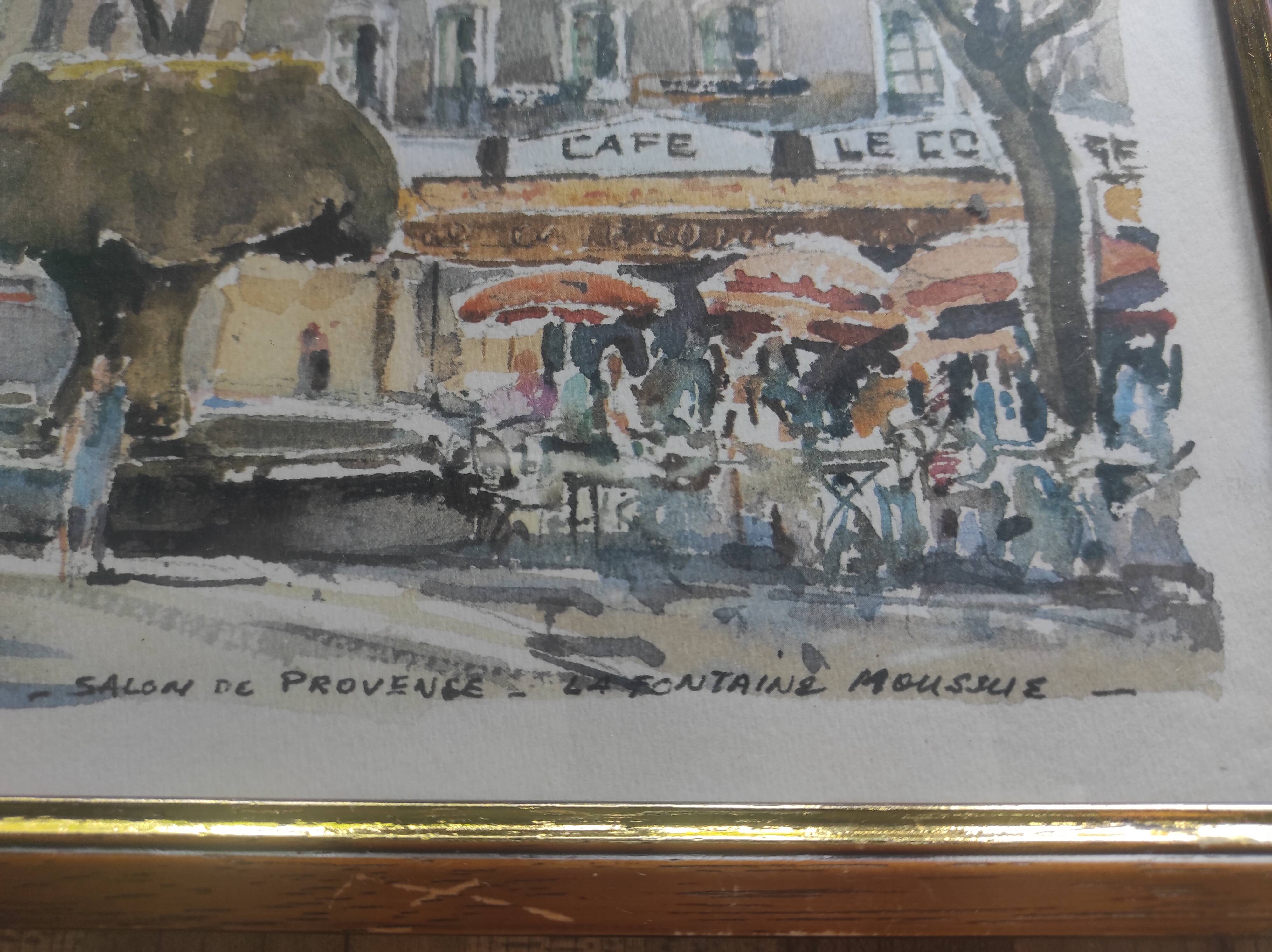 Framed watercolor "Salon de Provence-la Fontaine Moussue" by Louis Lasbouygues