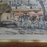 Framed watercolor "Salon de Provence-la Fontaine Moussue" by Louis Lasbouygues