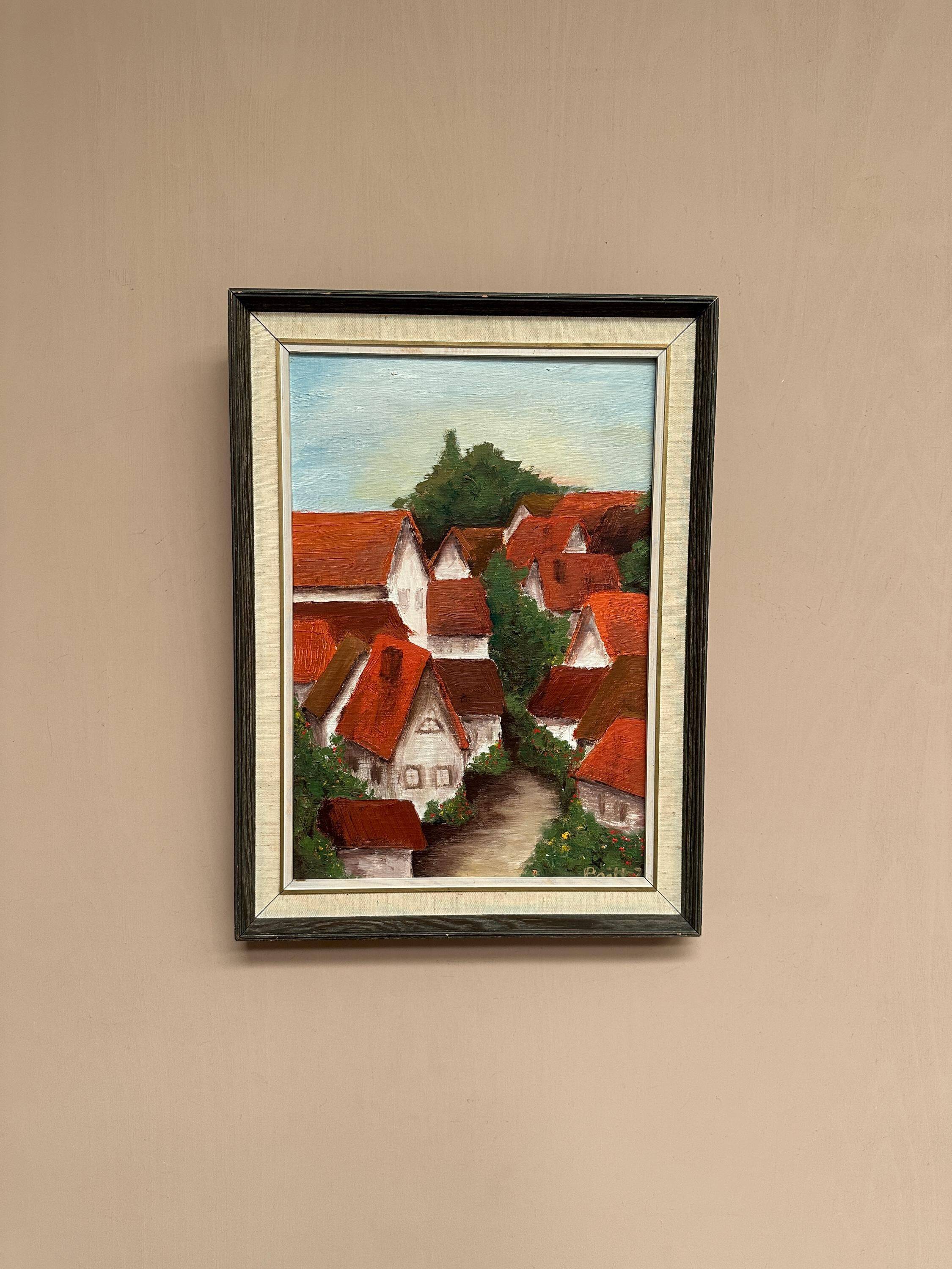 Original Swedish Oil on Canvas – “Village with Red Roofs” – Dated 1973