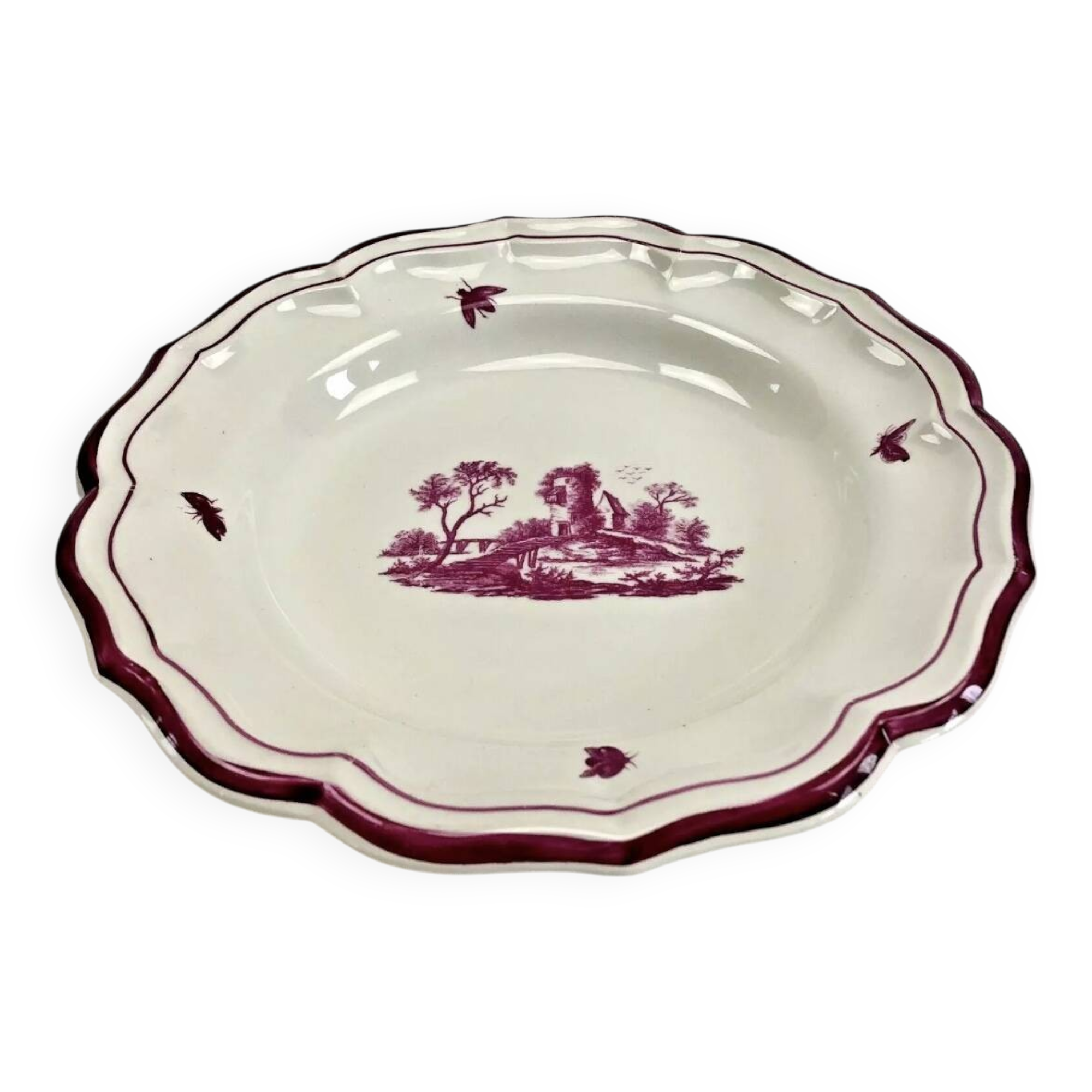 Old round hollow Gien dish, Pink Landscape model, 1938/1960