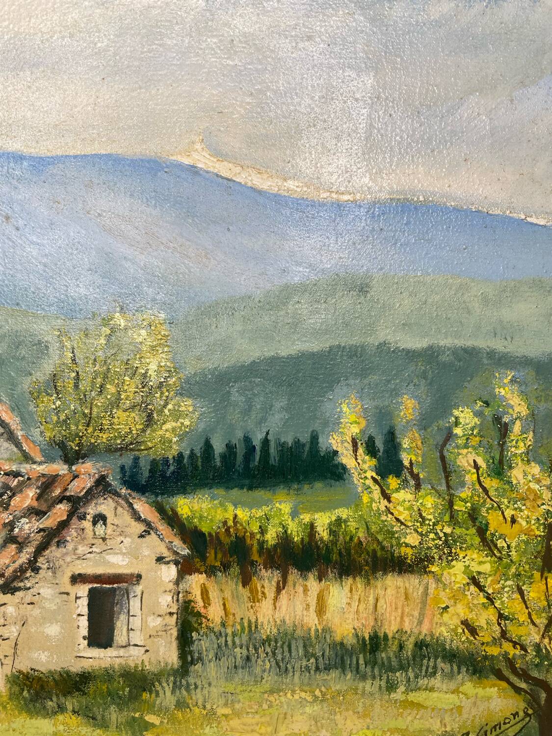 Painting of Mont Ventoux signed Lasimone in gilded wooden frame