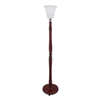 Art Deco floor lamp in carved wood and opaline, France, circa 1925