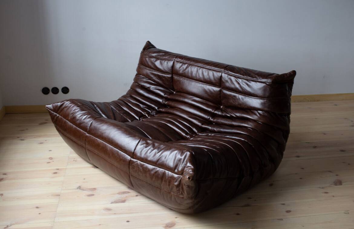 Togo 3-seater sofa in brown leather designed by Michel Ducaroy 1973