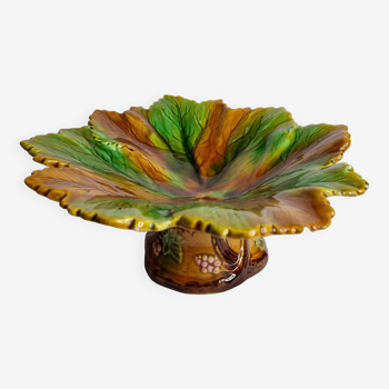 Old Villeroy and Boch compotier, decorated with green and ocher vine leaves, 1900