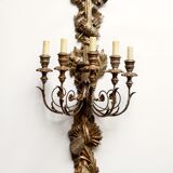 Large pair of wall light with 5 arms of light in gilded, silver and patinated wood