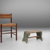 Industrial green wooden stool with nice patina, France 1900
