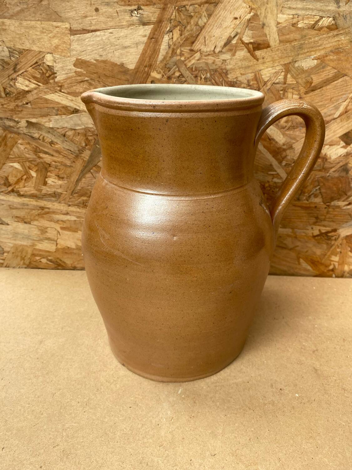 Antique pitcher 5 liters stoneware brown beige white interior vintage