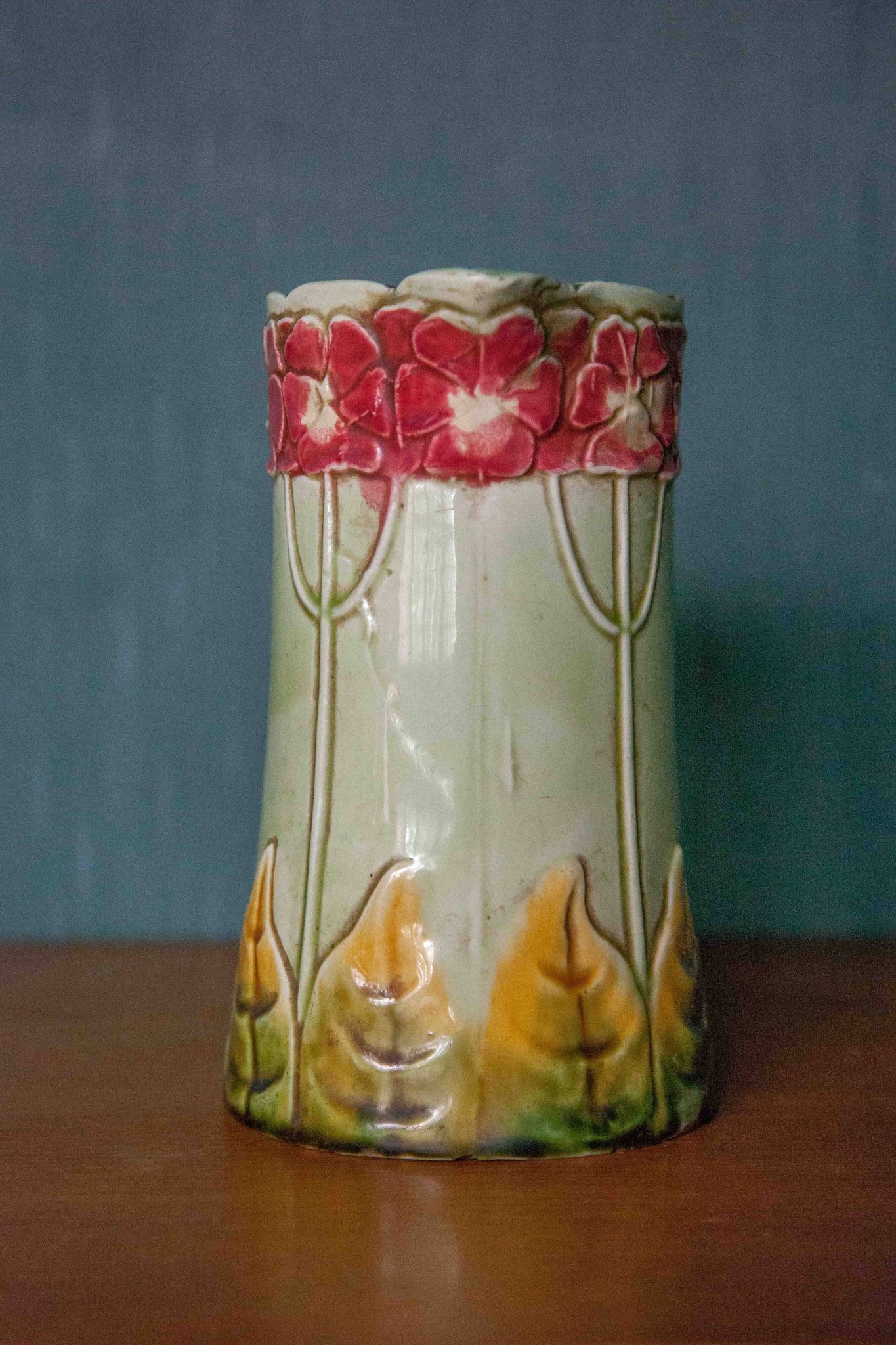 Vintage old earthenware pitcher, French pitcher, Art Nouveau, floral pattern pitcher, kitchen decor