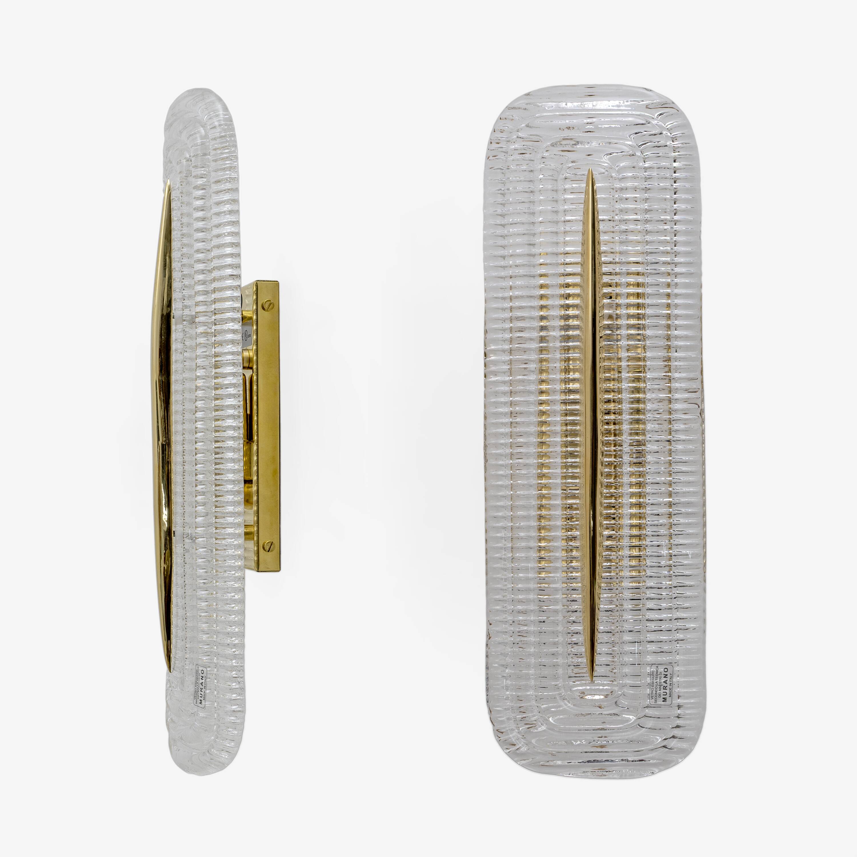 Pair of Modern Murano Glass Transparent and Brass Sconces, Italy
