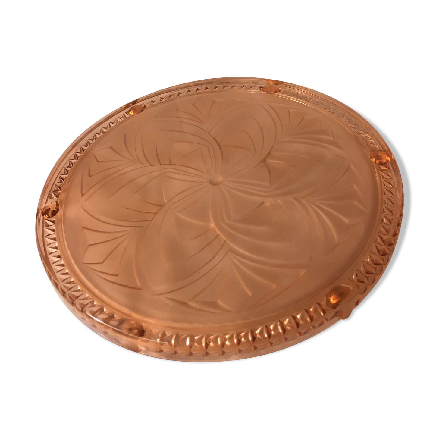 Pink moulded glass dish underside