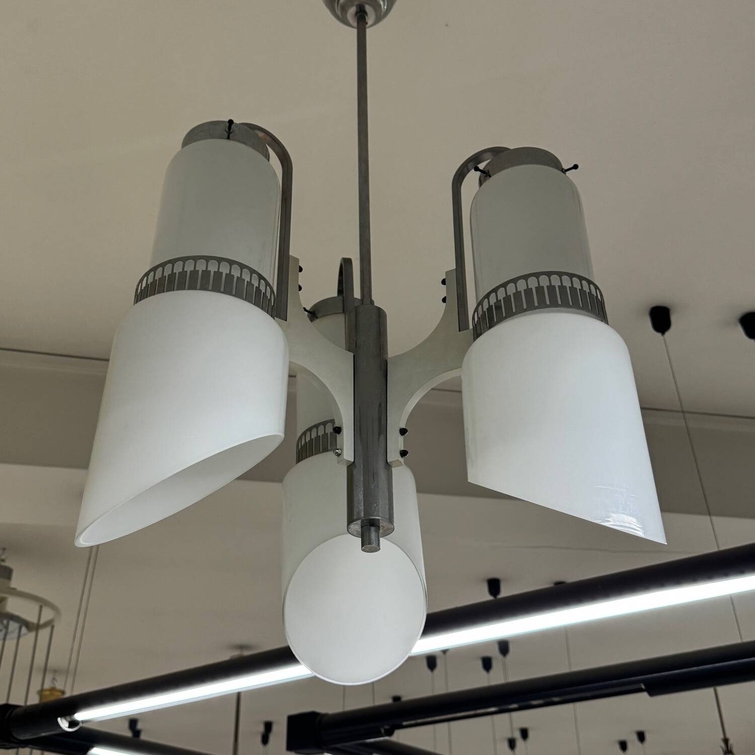 Lampadario Di Design Anni 70 3 Luci In Vetro E Acciaio Modernariato Vintage