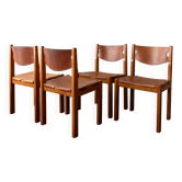 Chaises de salle à manger en chêne brut et cuir par Maison Regain, années 1970, ensemble de 4