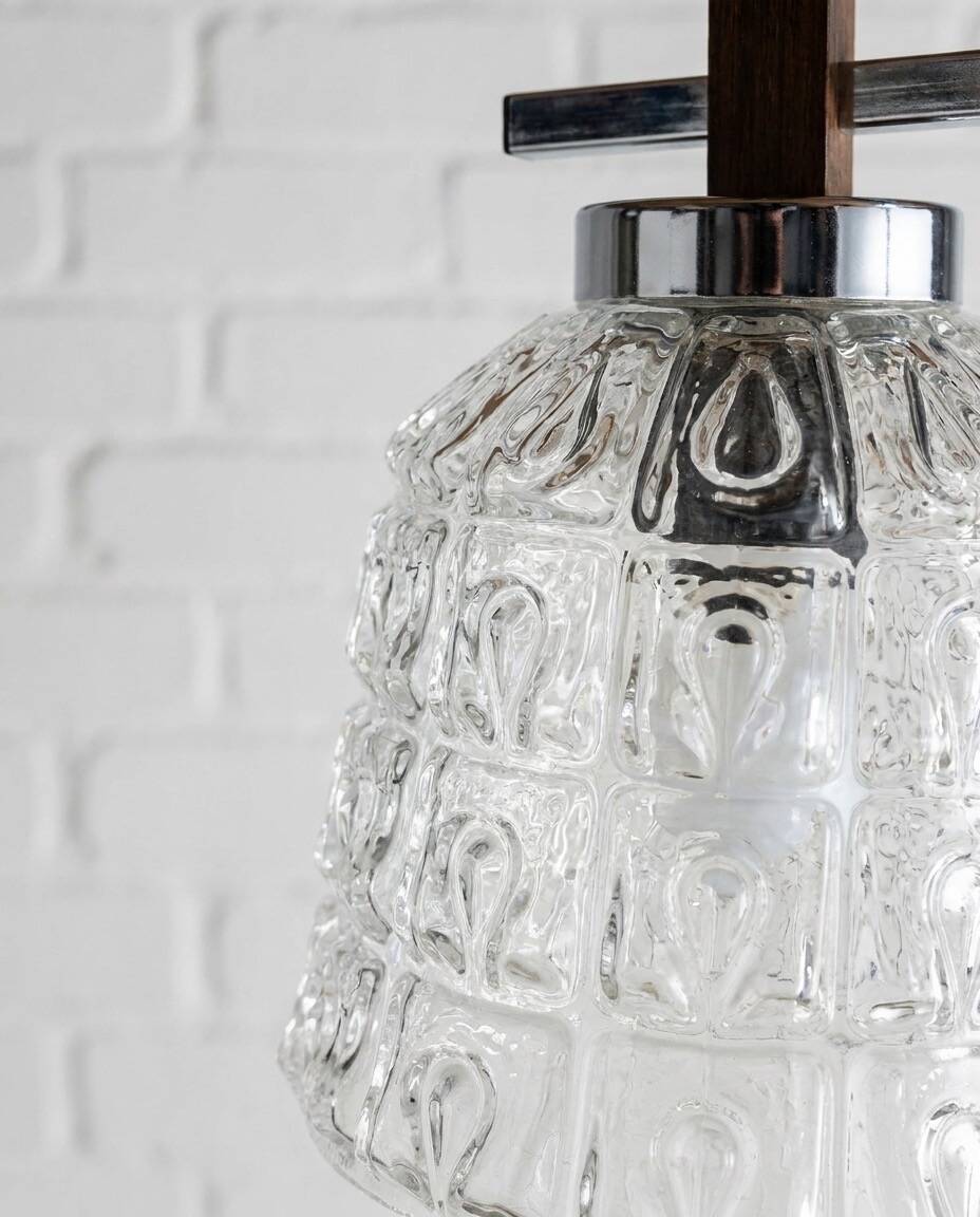 Vintage suspension with 5 chrome and wood lights – textured glass – 1970s