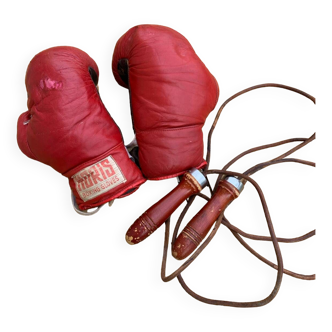 Boxing gloves plus jump rope with leather straps
