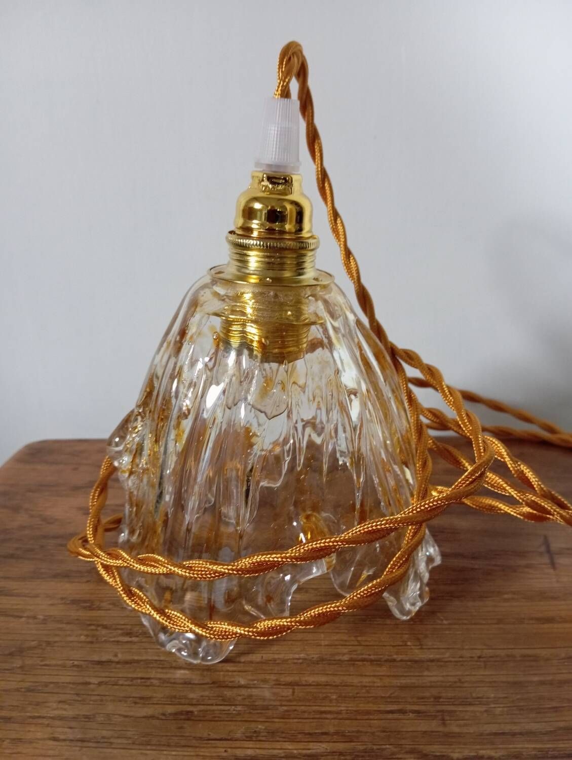 Hanging pendant light thick transparent draped and amber glass, vintage