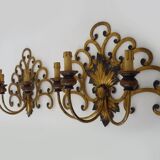 Large pair of Italian wall sconces in gilded wrought iron, 3 lights. 50