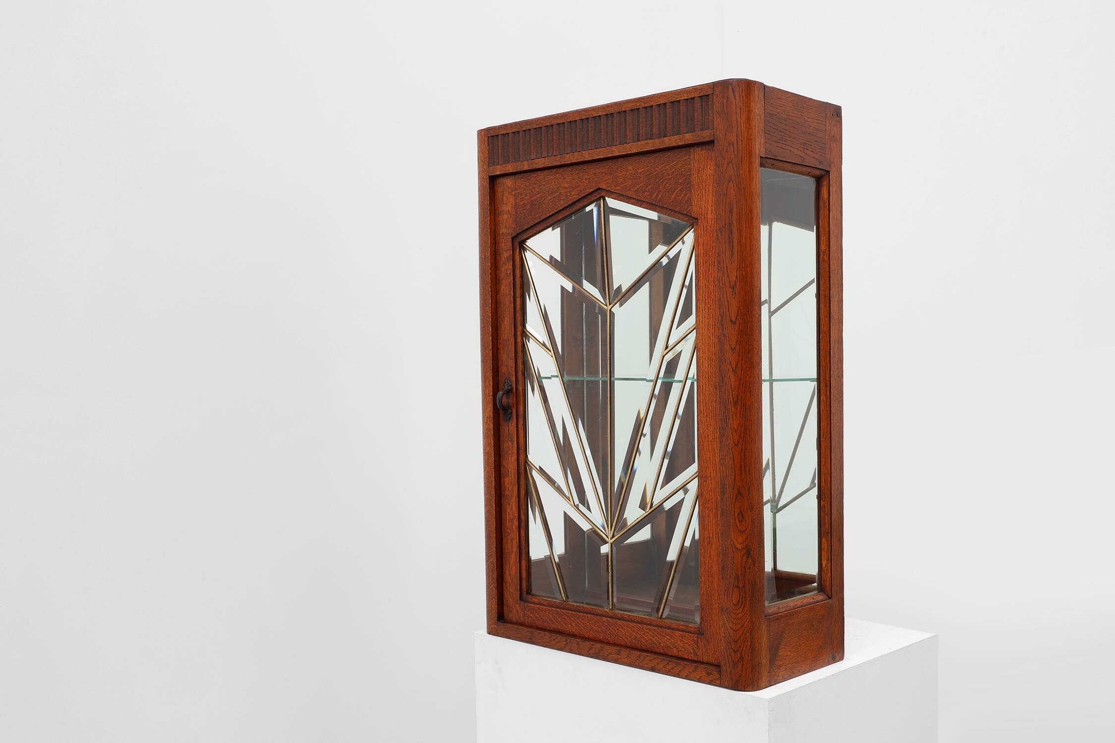French Art Deco Oak Cabinet with Beveled Leaded Glass, ca. 1920
