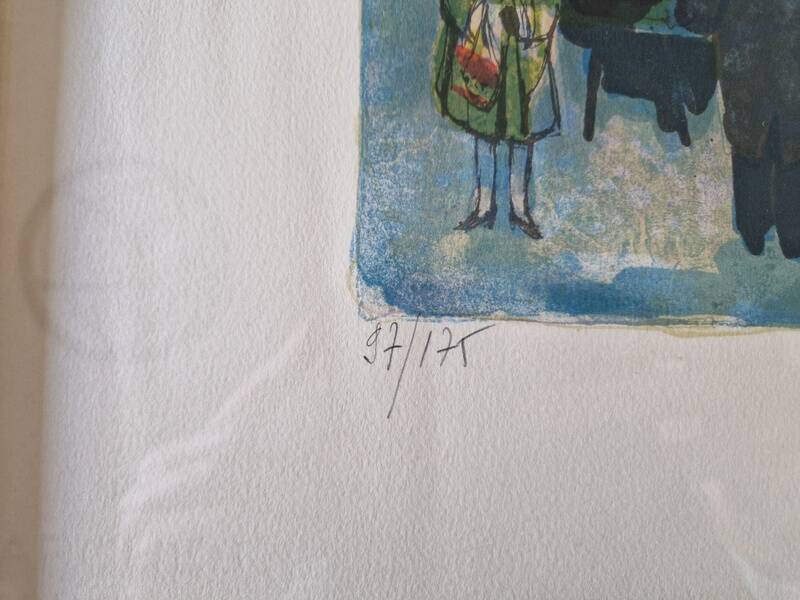 Lithographie en couleurs, Scène de marché, Nathalie Chabrier (née en 1932)