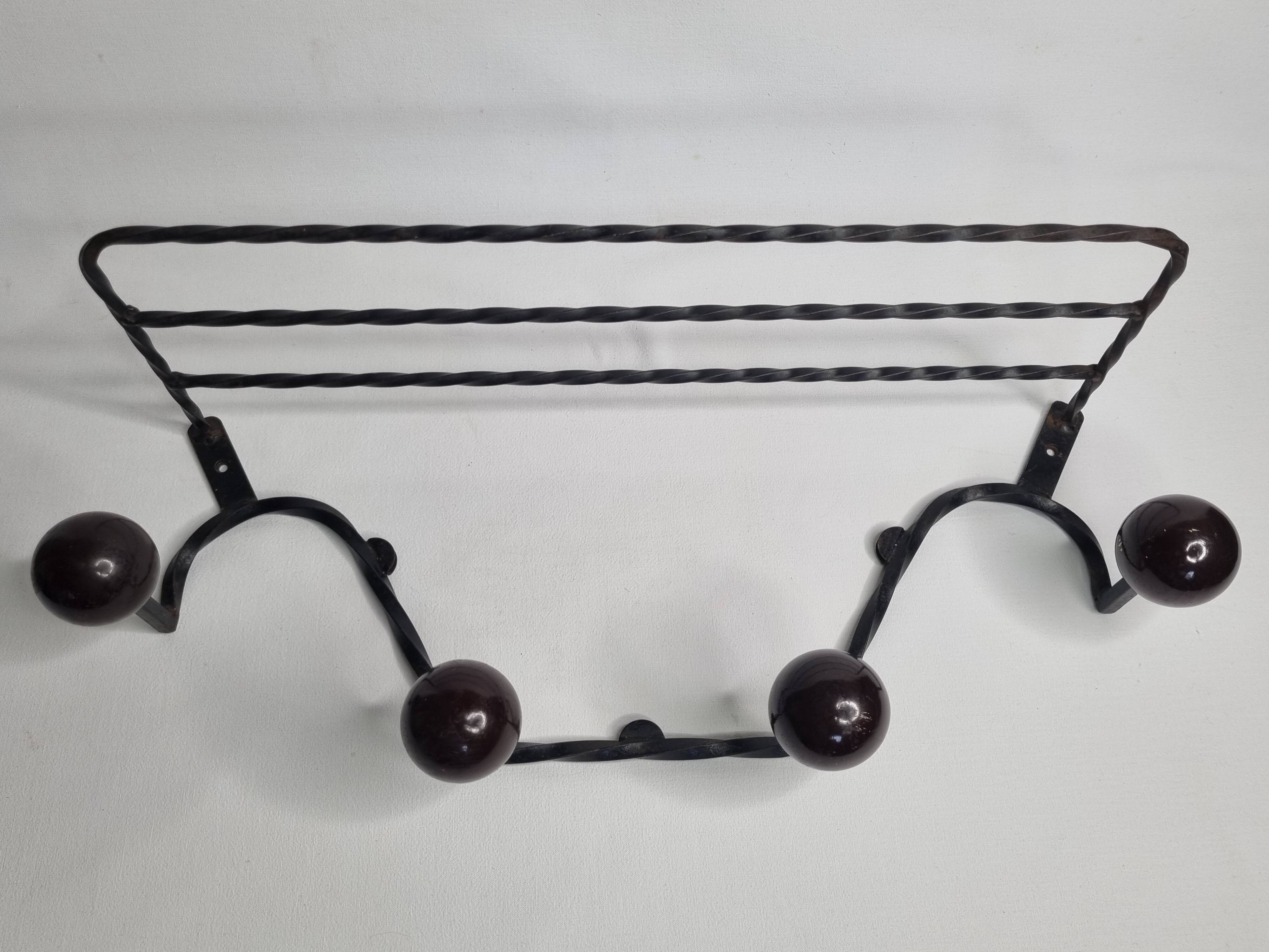 Vintage wrought iron wall coat rack with 4 hooks, 55 cm