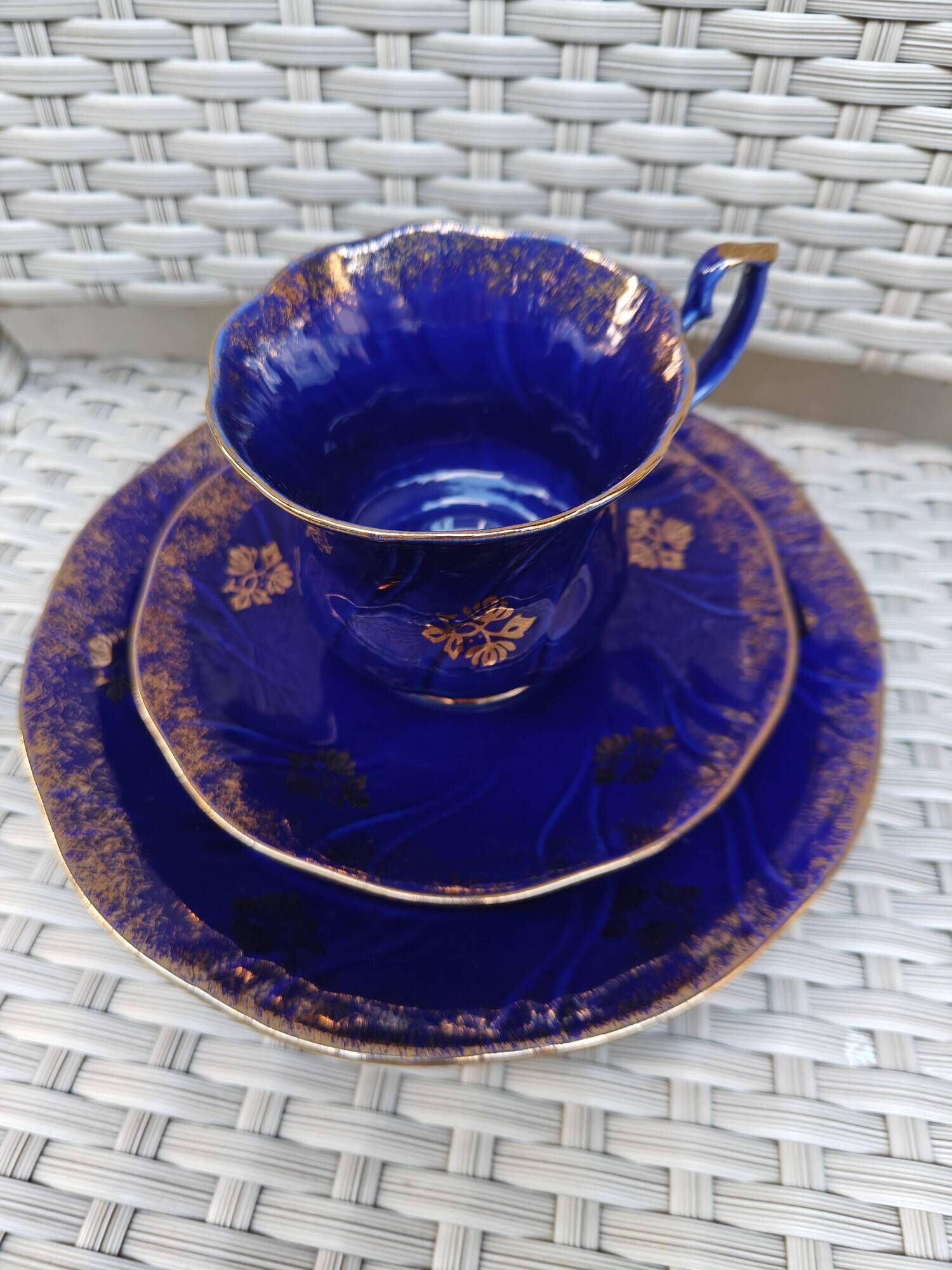 Superb Coffee/Tea Trio in Cobalt Blue & Gold Porcelain - Chodzież Poland