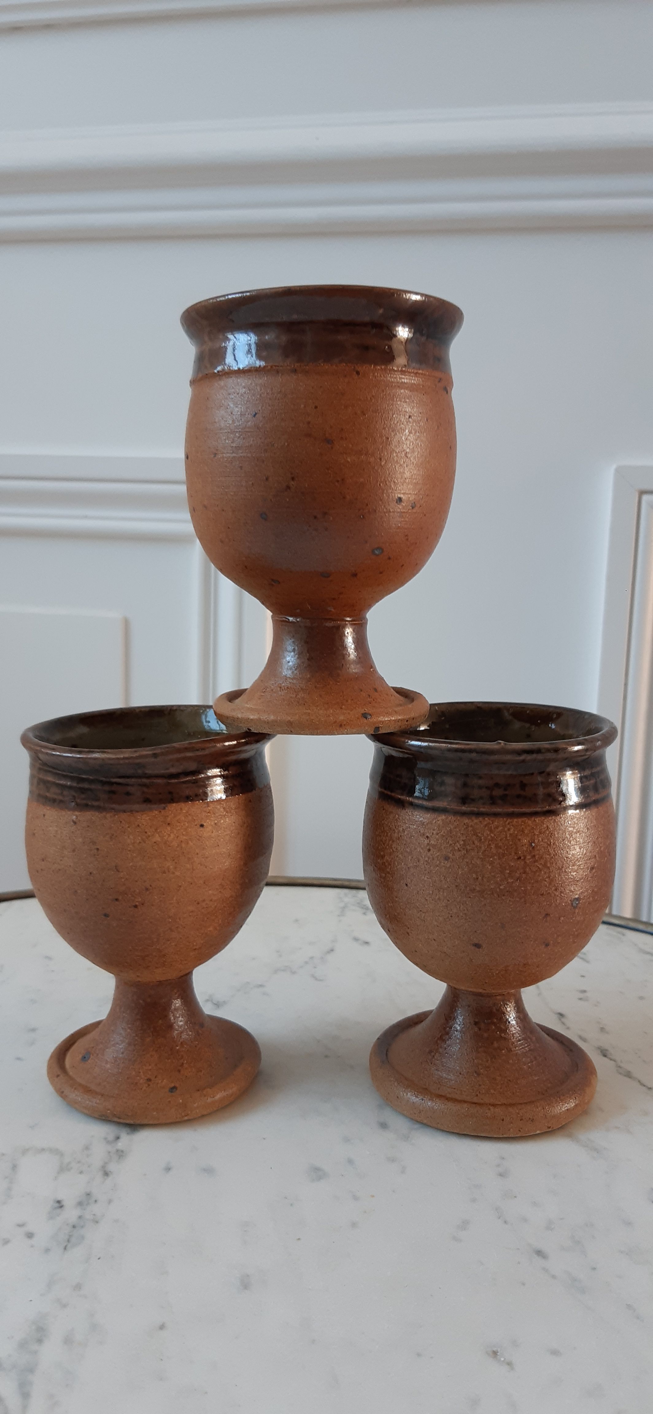 Trio of cups / mazagrans in artisanal pottery sandstone signed 70s