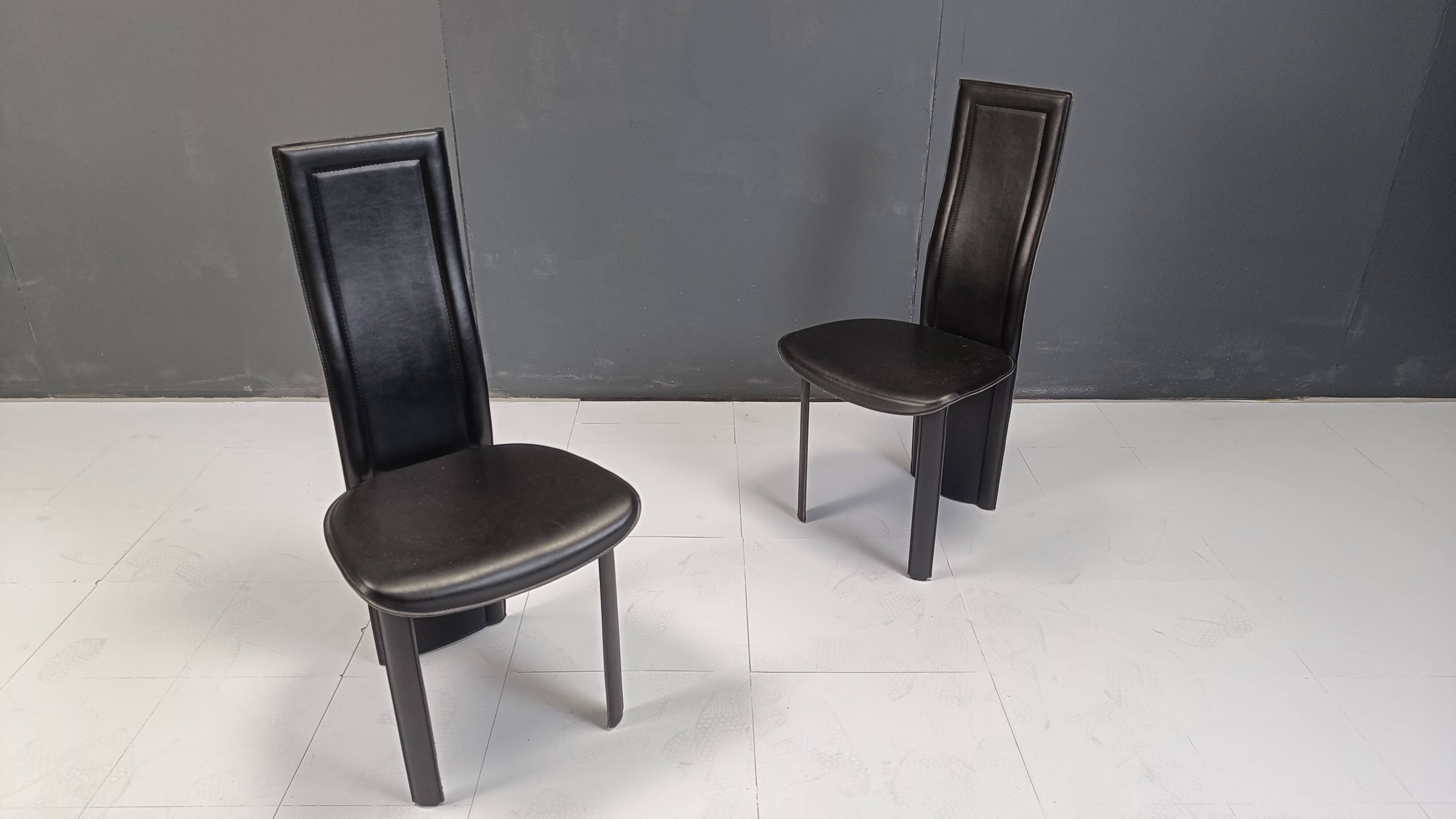 Vintage black leather high back dining chairs, set of 6, 1980s