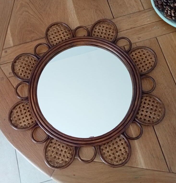 Vintage rattan flower mirror and cannage 60s/70s