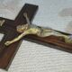 Large Antique Walnut Crucifix with Brass Inserts - Vintage 1920 - French