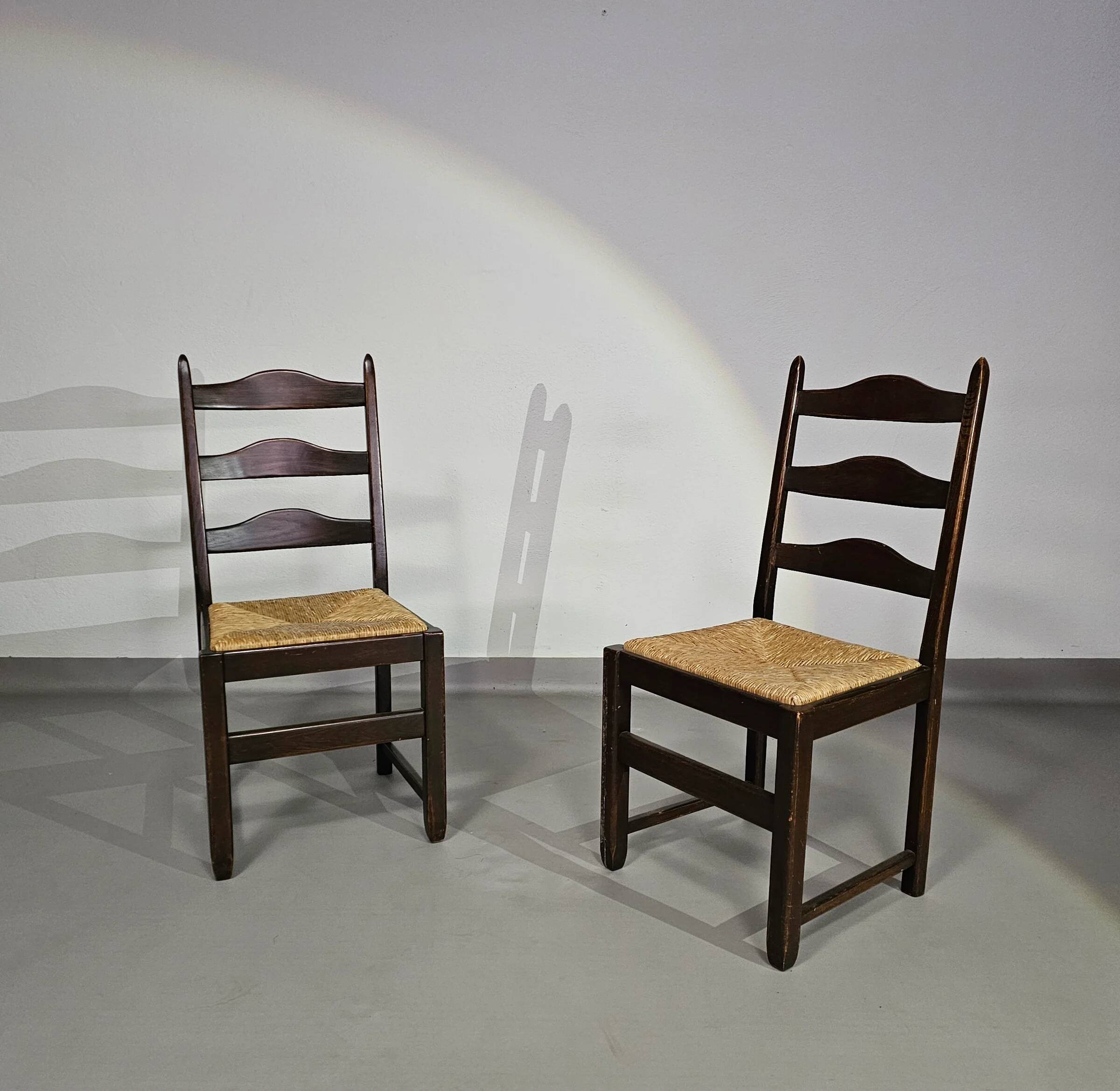 Set of 2 oak, rustic, farmhouse, ladderback dining chairs with rush seats