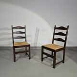 Set of 2 oak, rustic, farmhouse, ladderback dining chairs with rush seats