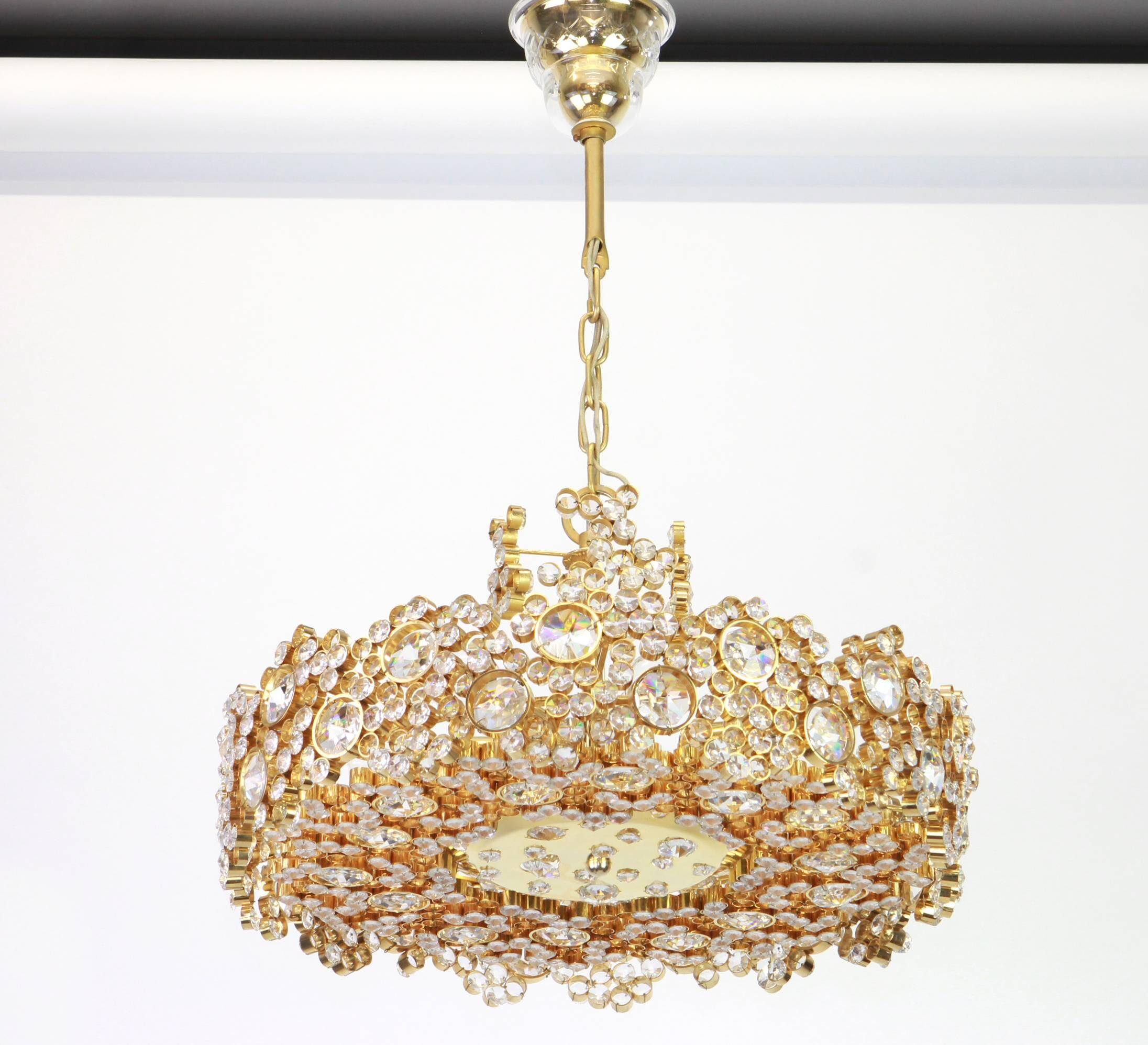 Golden brass chandelier with crystal glass inlays by Palwa, Germany, 1970s.