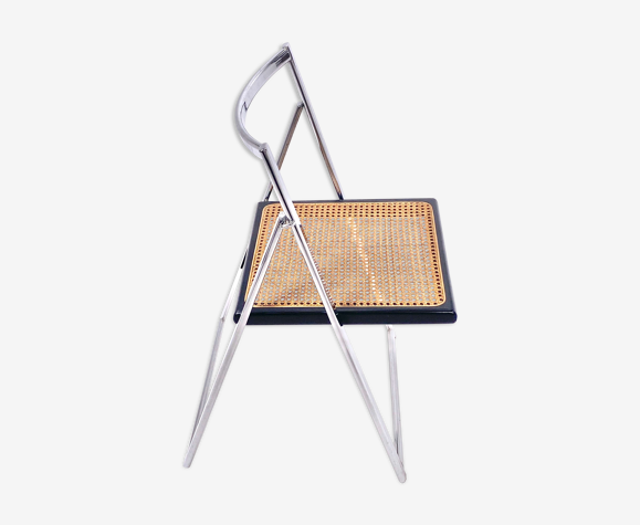 Chaise pliante vintage en chrome et cannage 1970