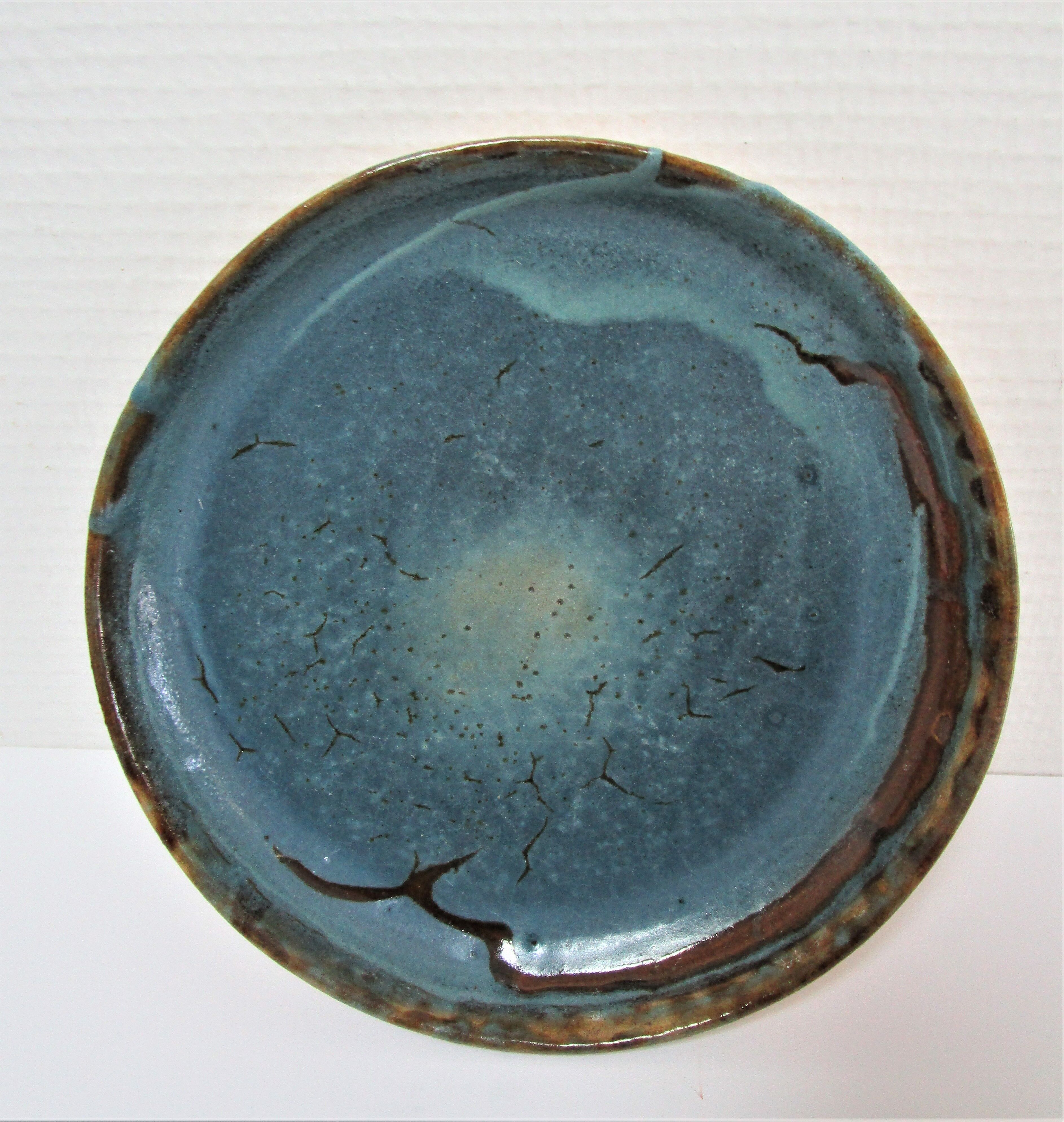 Bowl and round ceramic dish enamelled blue green brown vintage signed vintage