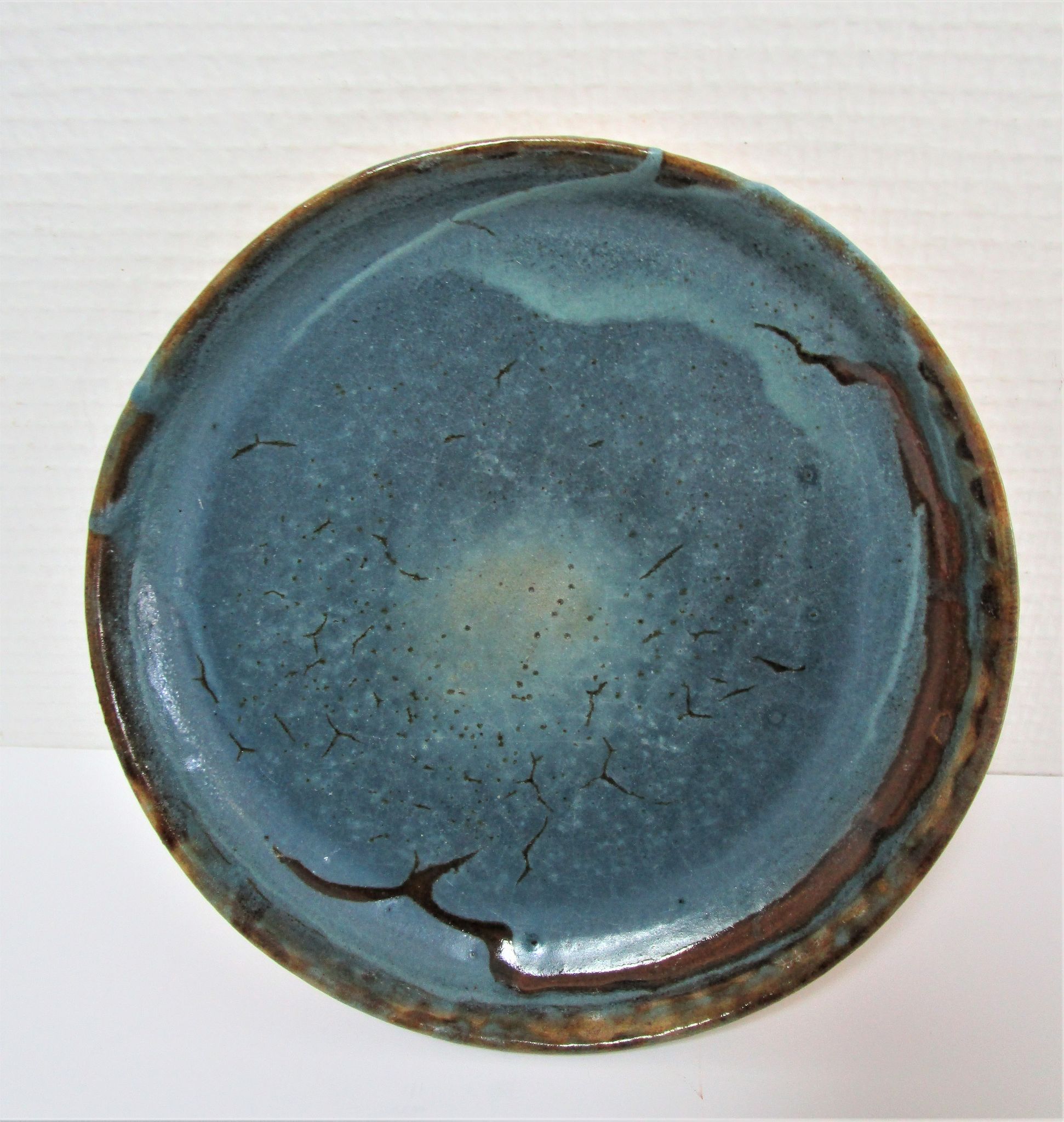 Bowl and round ceramic dish enamelled blue green brown vintage signed vintage