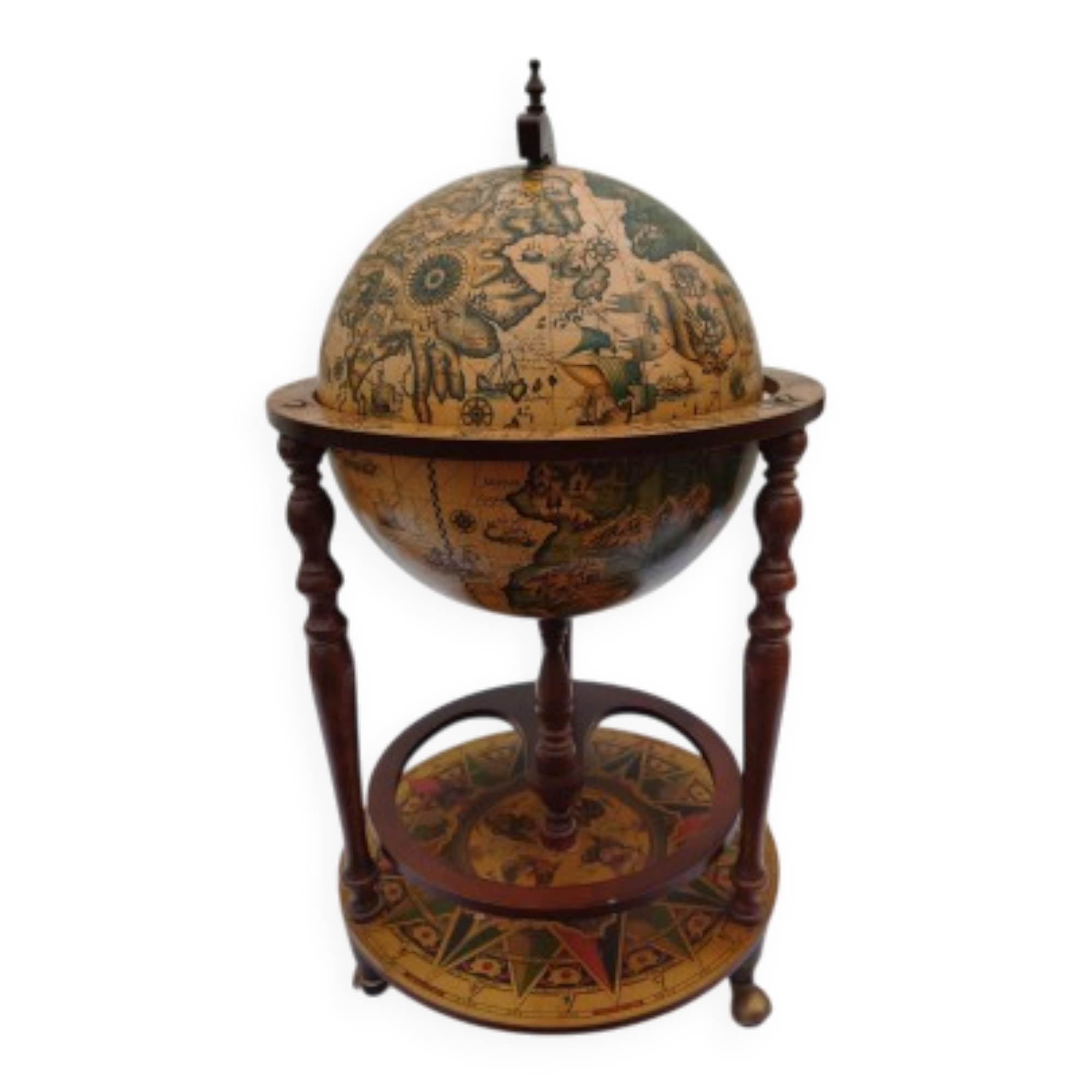Bar globe terrestre vintage mappemonde en bois avec roulettes