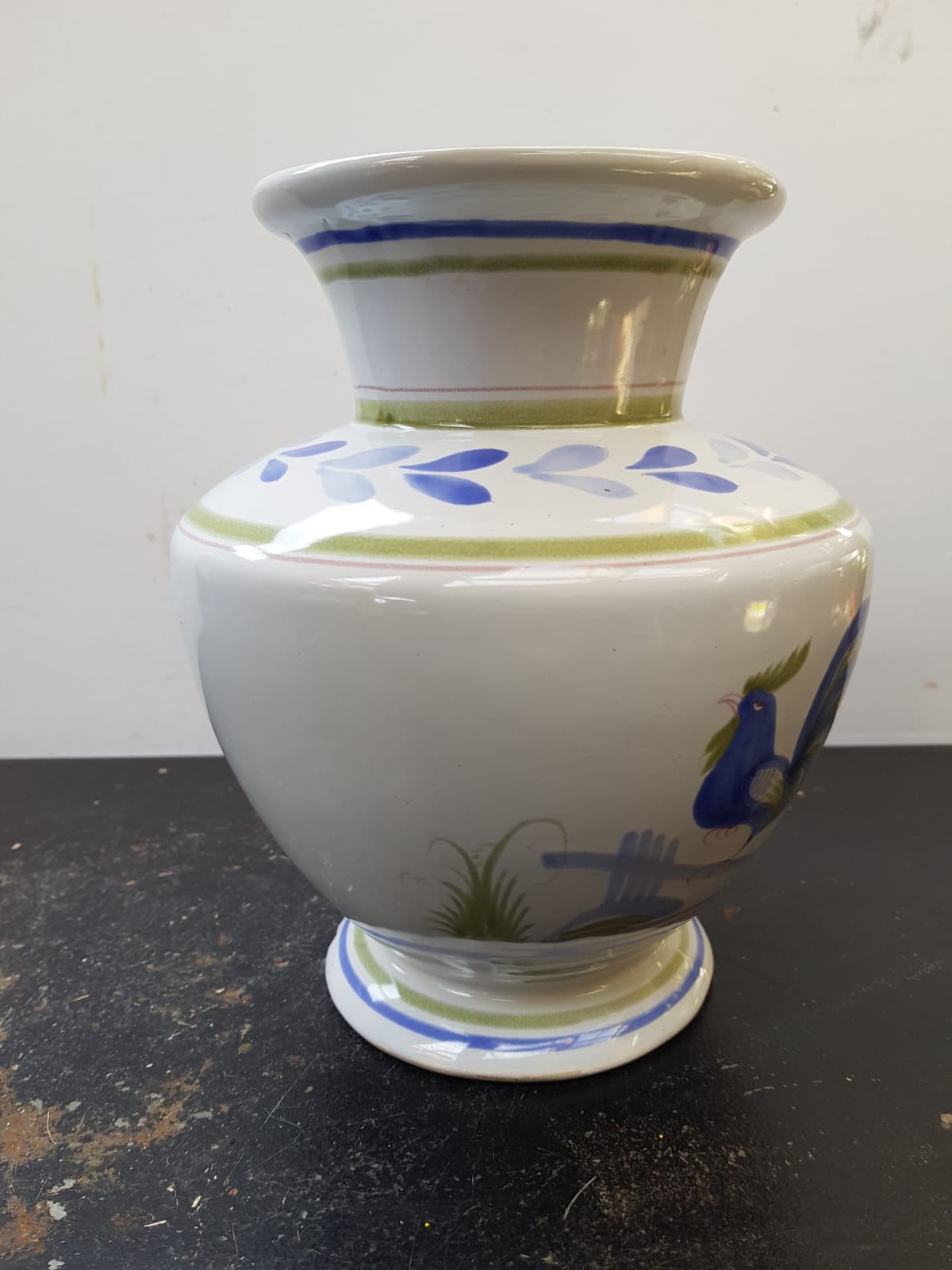 Old vase quimper henriot ceramic white décor blue rooster vintage