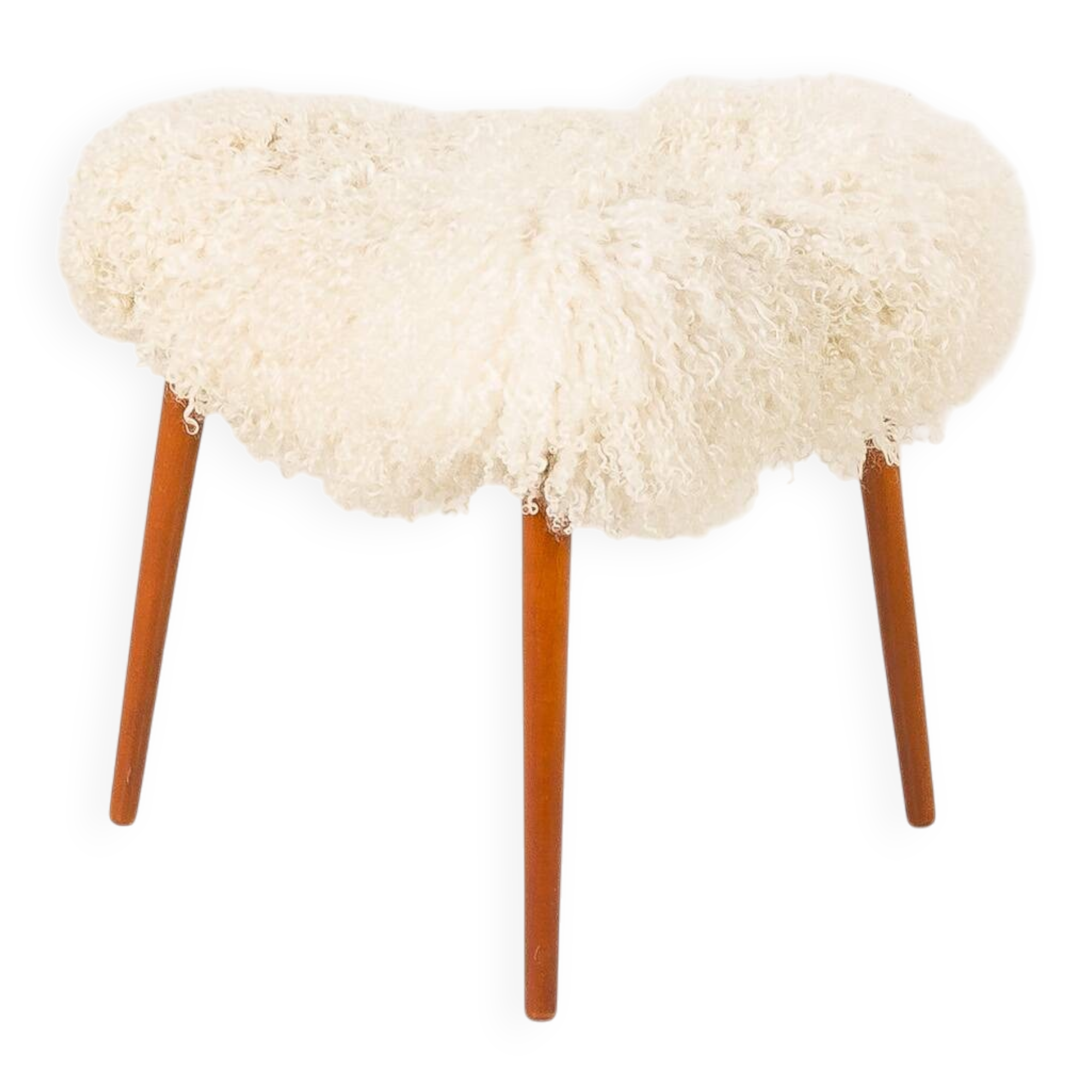 Scandinavian mid century triangular footstool in long hair sheepskin