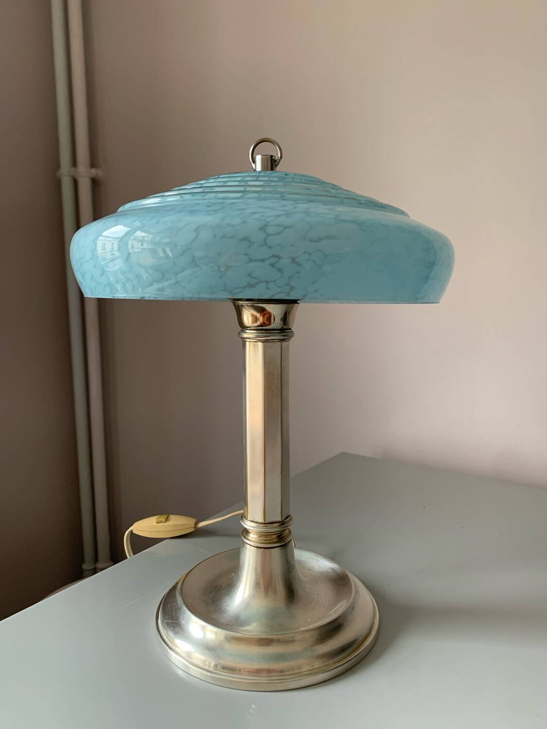 Antique table lamp with silver base and Clichy glass